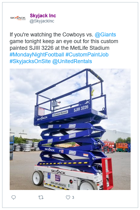 Skyjack painted a scissor lift for the Giants - Cowboys MNF game