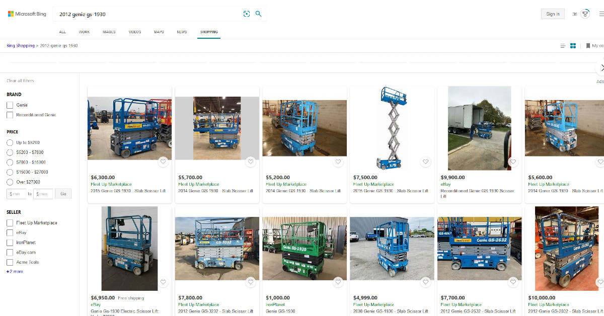 Bing Shopping screen shot featuring Fleet Up Marketplace equipment listings